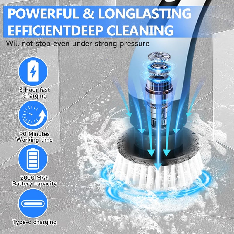 PENOMO Electric Spin Scrubber, Cordless Waterproof Cleaning Brush with 8 Replaceable Brush Heads - 120Mins Work Time Adjustable Long Handle 2 Speeds 360 Power Scrubber for Bathroom Shower Kitchen Car - Image 2